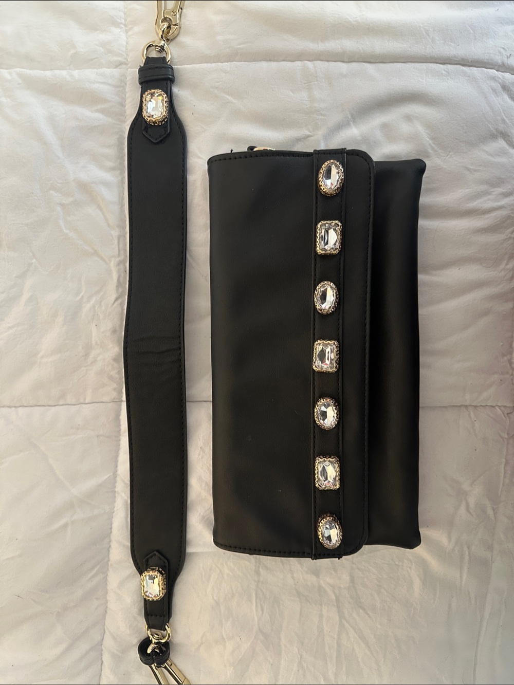 Steve Madden Black Fold-Over Crossbody Clutch with Gold Logo